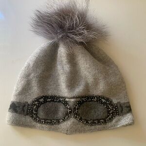 Gray Beanie with Faux Fur Pom Pom